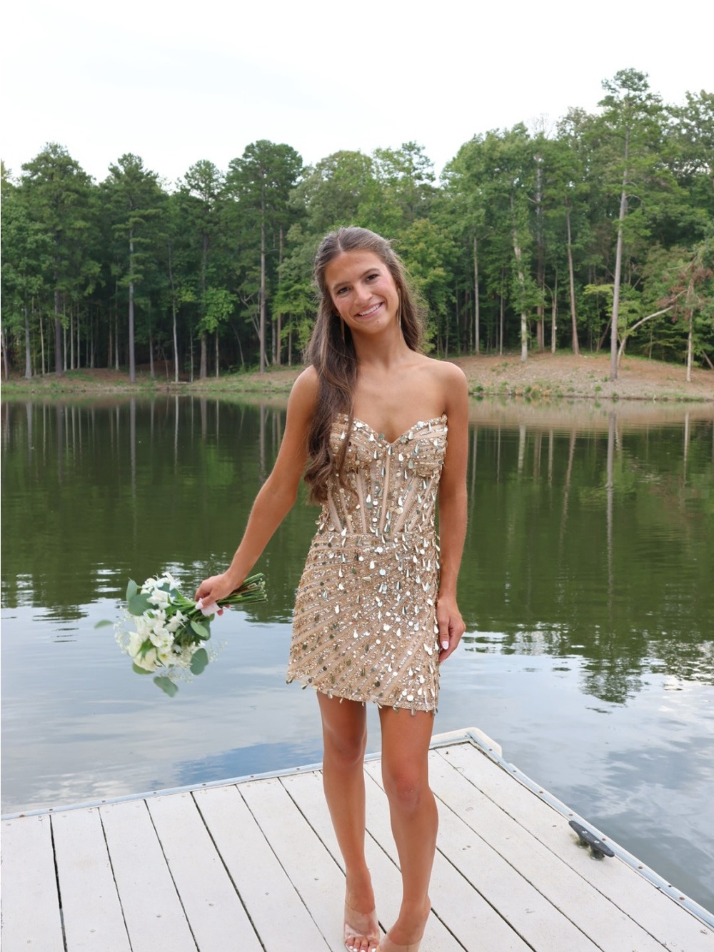 Sherri Hill Sequin Embellished Champagne Strapless Mini